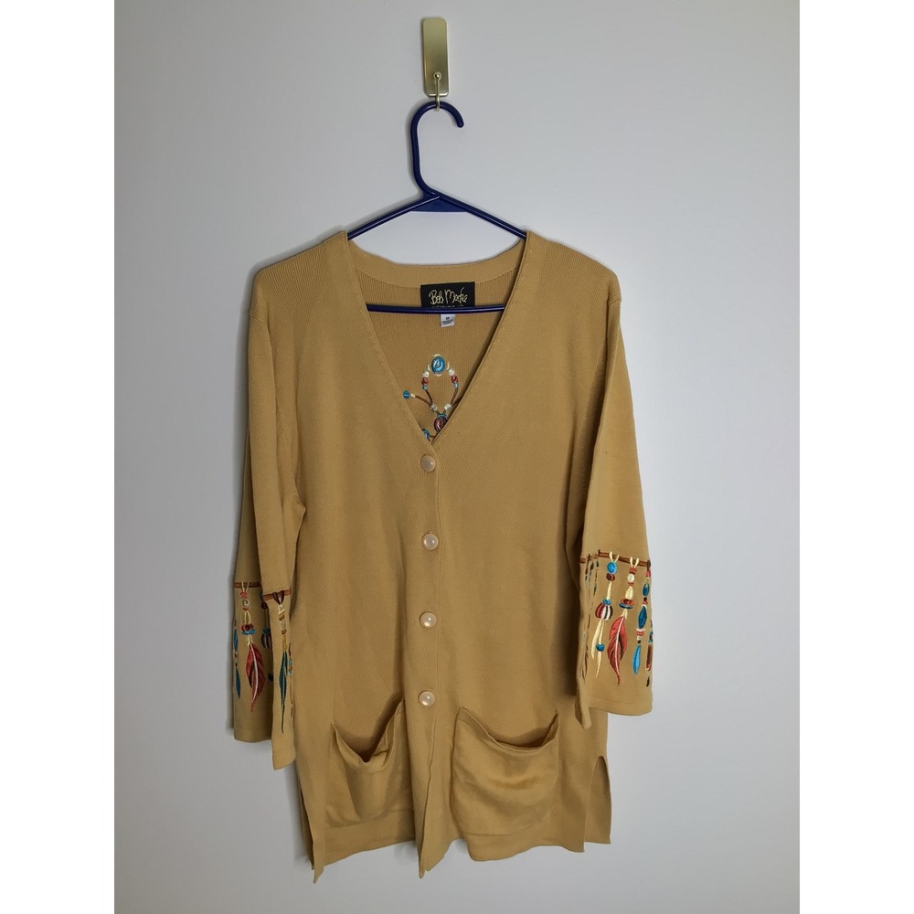 Bob Mackie Cardigan Sweater Womens Medium Yellow Excellent Embroidered Boho